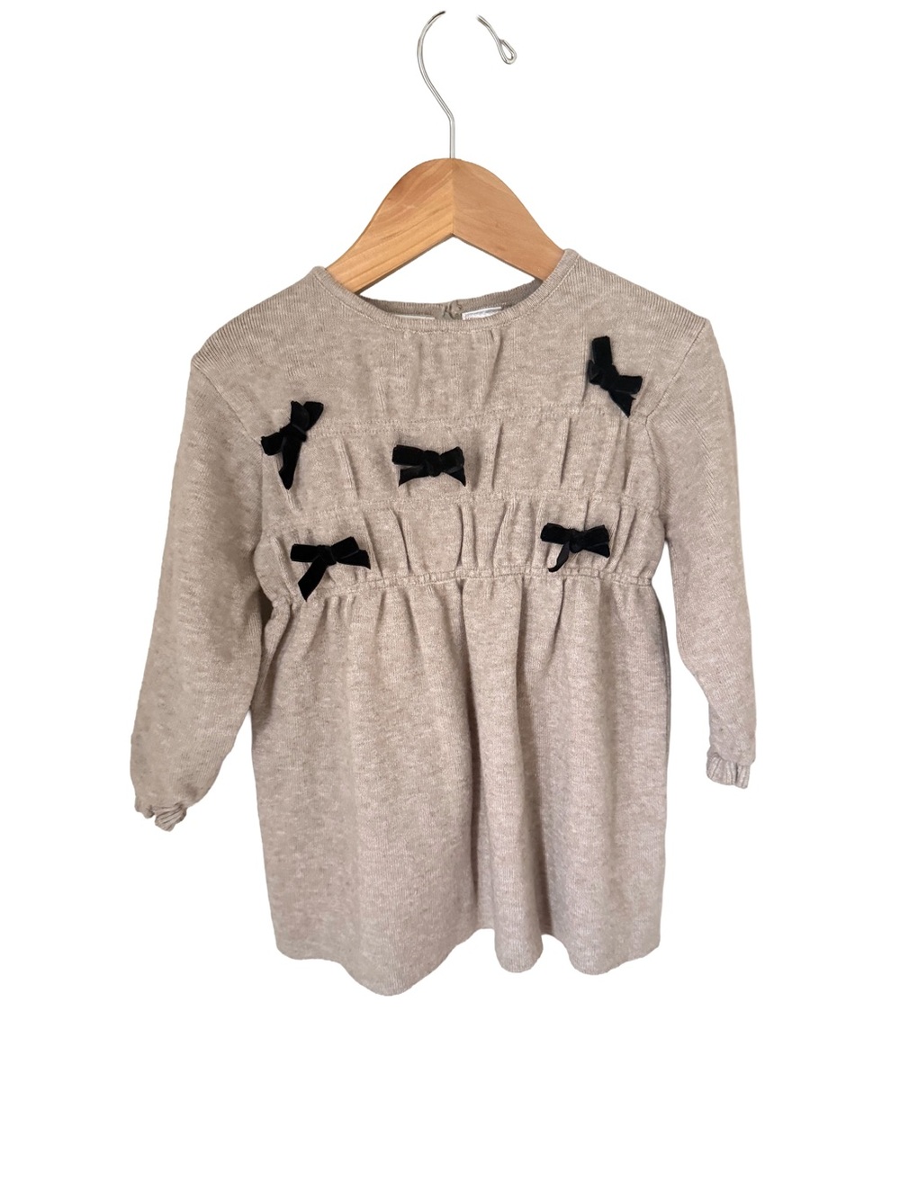 Zara Beige Long Sleeve Knit Top with Black Bow Accents 3y